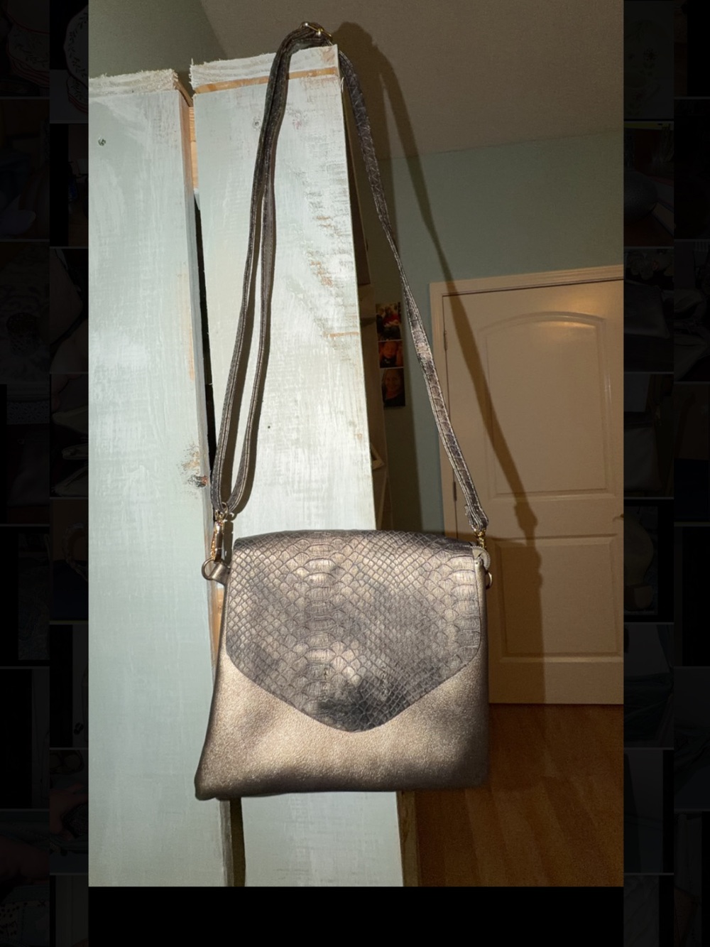 Caroline Hill Metallic Gray Crossbody Bag with Textured Flap